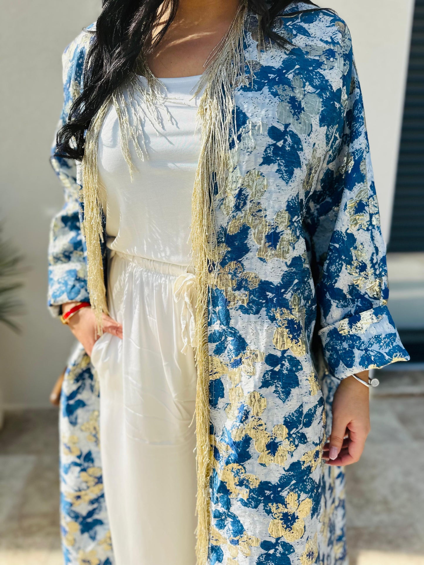 Vente Kimono Floral Bohème – Bleu &amp; Beige