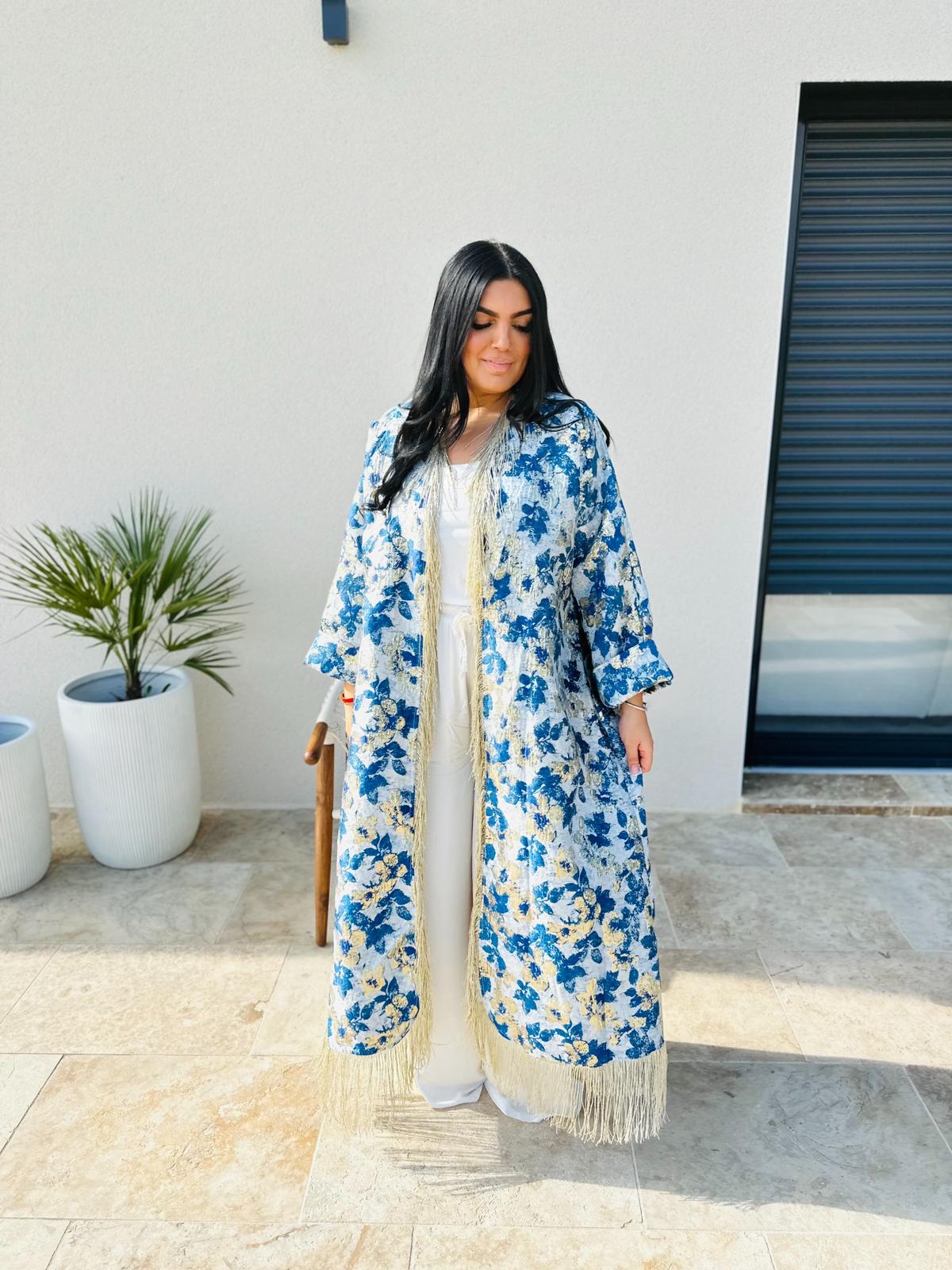 Vente Kimono Floral Bohème – Bleu &amp; Beige