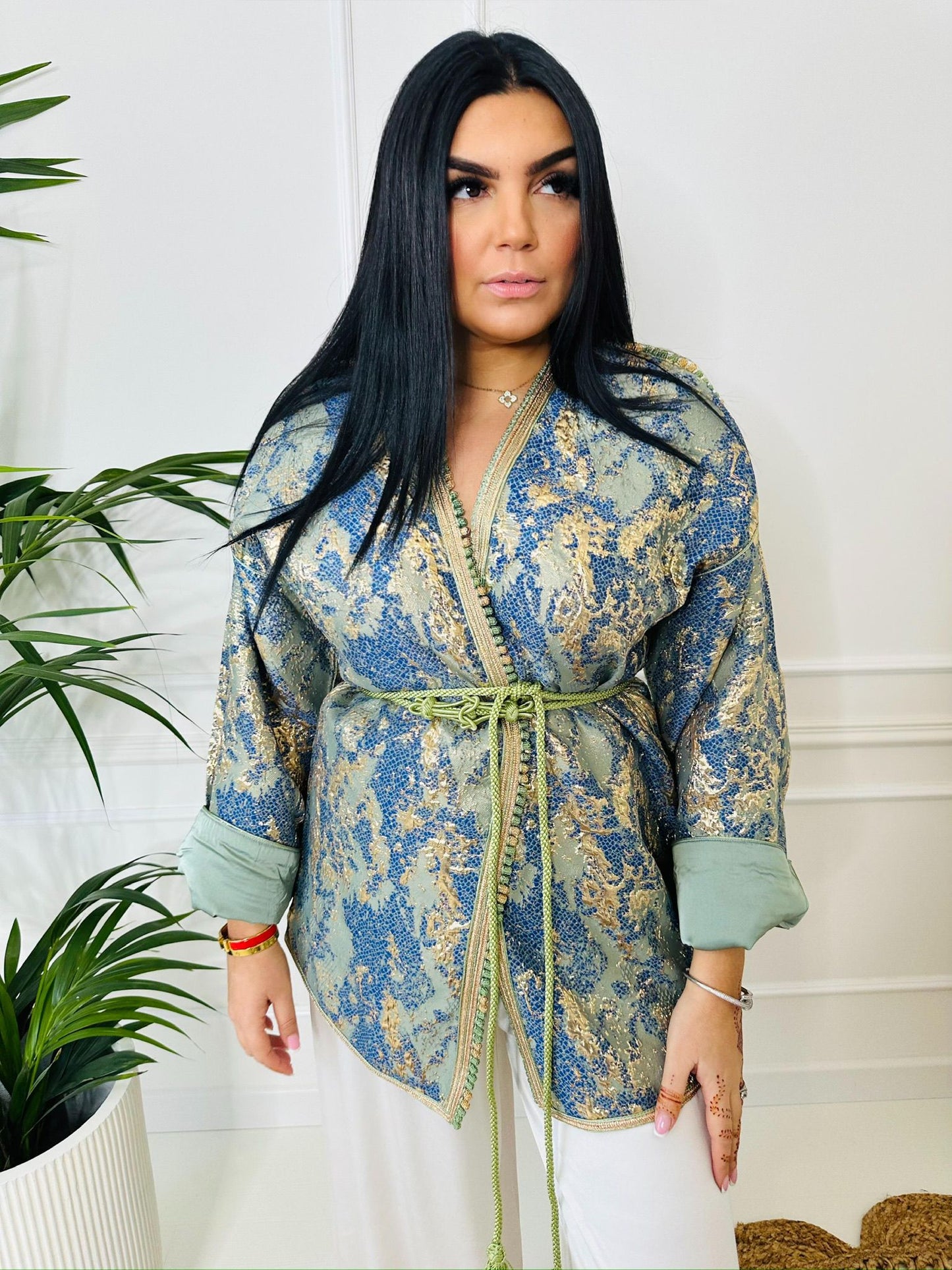 Veste brocard bleu &amp; vert sauge – Raffinement oriental